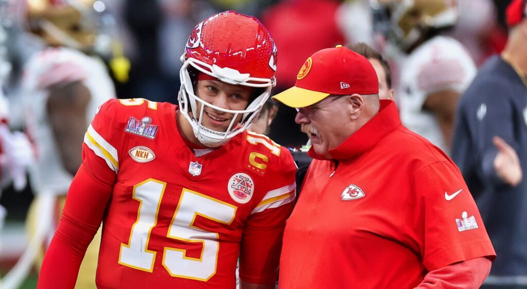 Patrick Mahomes and Andy Reid of Kansas City Chiefs speaking.