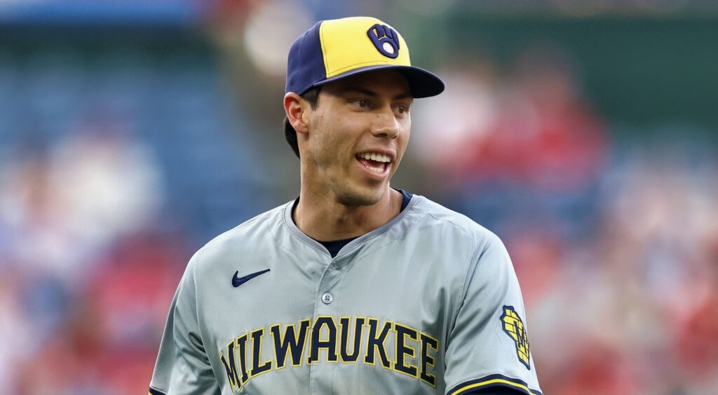 Christian Yelich of Milwaukee Brewers reacts during game.