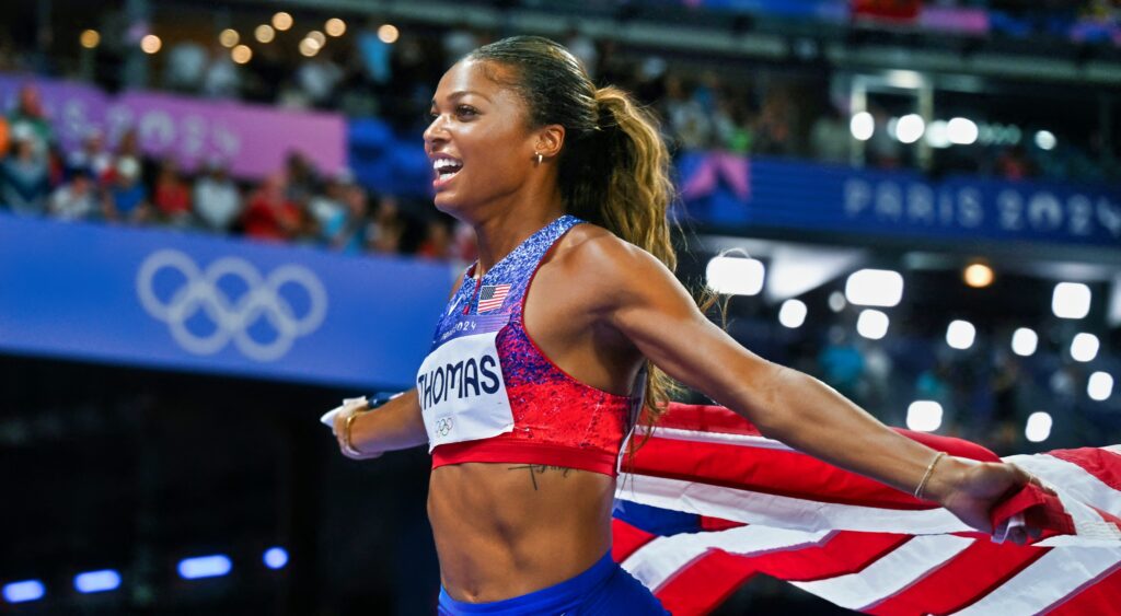 Gabby Thomas after winning the 200 meter gold medal at the Olympics.