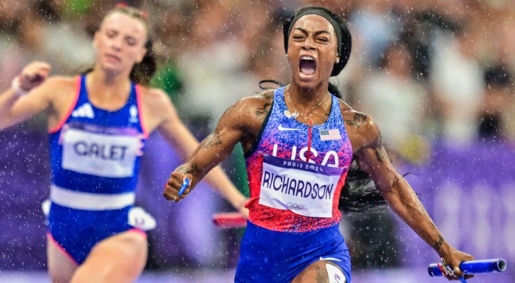 Sha'Carri Richardson after winning the 4x100 relay at the olympics.