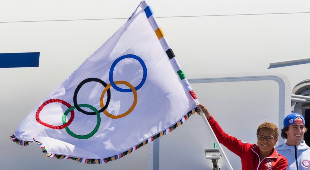 LA Mayor waves flag for 2028 Olympics.