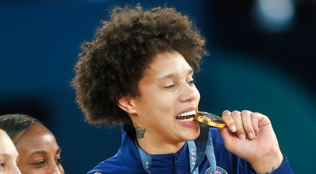 Britney Griner biting gold medal