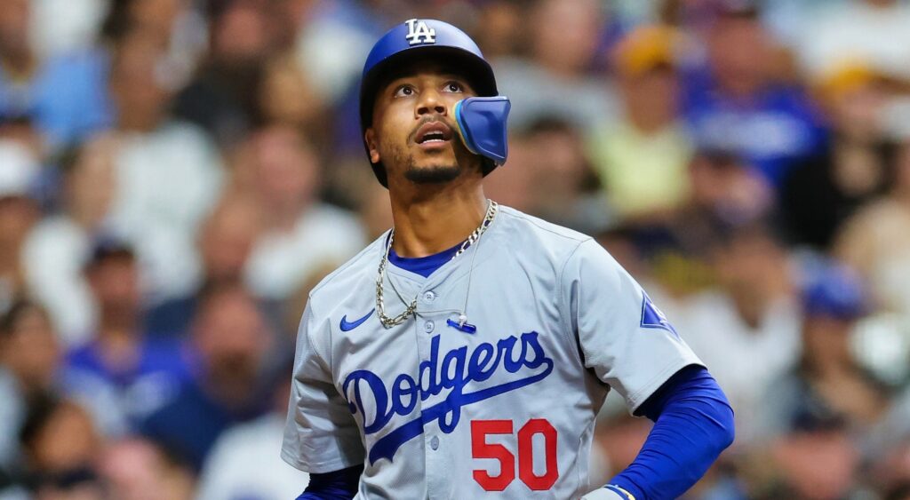 Mookie Betts of Los Angeles Dodgers looking on.