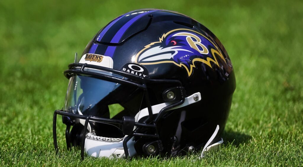 Baltimore Ravens helmet shown on field.