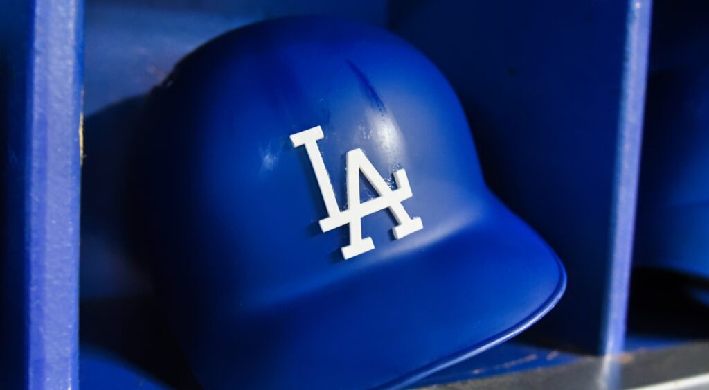 Los Angeles Dodgers helmet shown in dugout. The team released Jason Heyward.