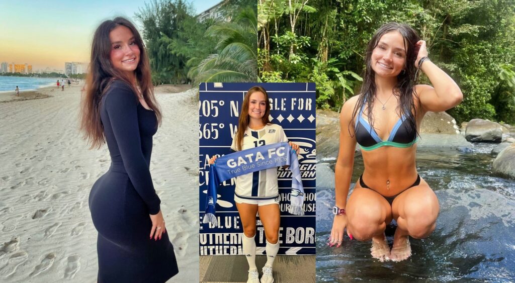 Hailey Esser posing on the beach, in a small pond and with he soccer uniform.