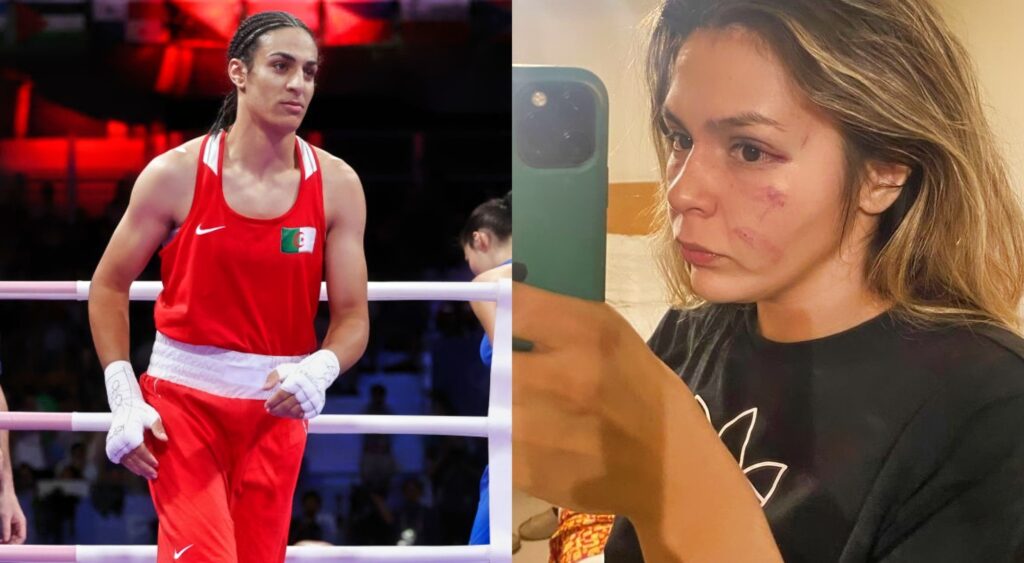 Imane Khelif in the boxing ring and Brianda Tamara showing injuries to face