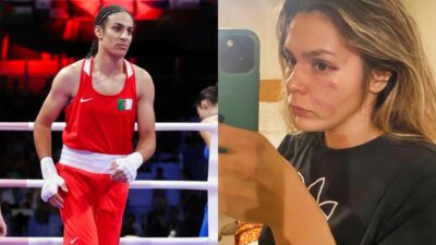 Imane Khelif in the boxing ring and Brianda Tamara showing injuries to face