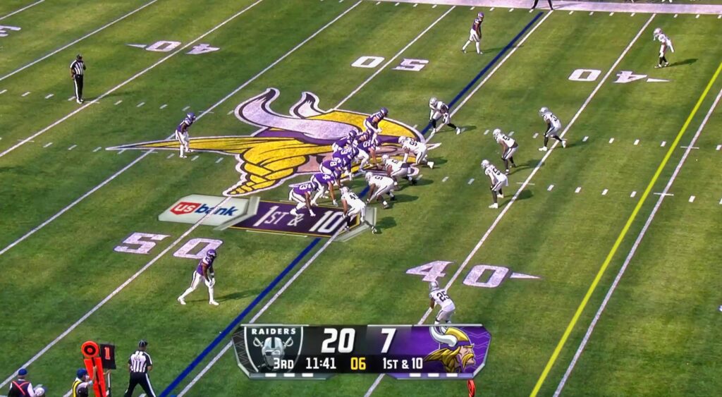 JJ McCarthy and the Vikings offense about to run a play from the line of scrimmage.