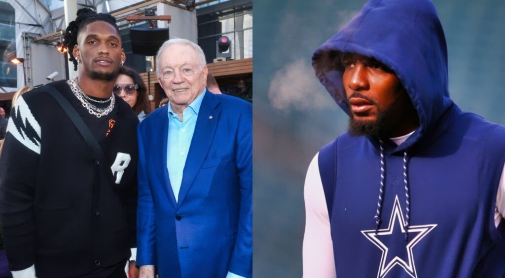 Jerry Jones and CeeDee Lamb posing and Dez Bryant in Cowboys gear