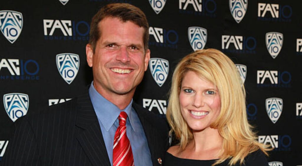 Jim Harbaugh and wife Sarah Harbaugh attend FOX Sports