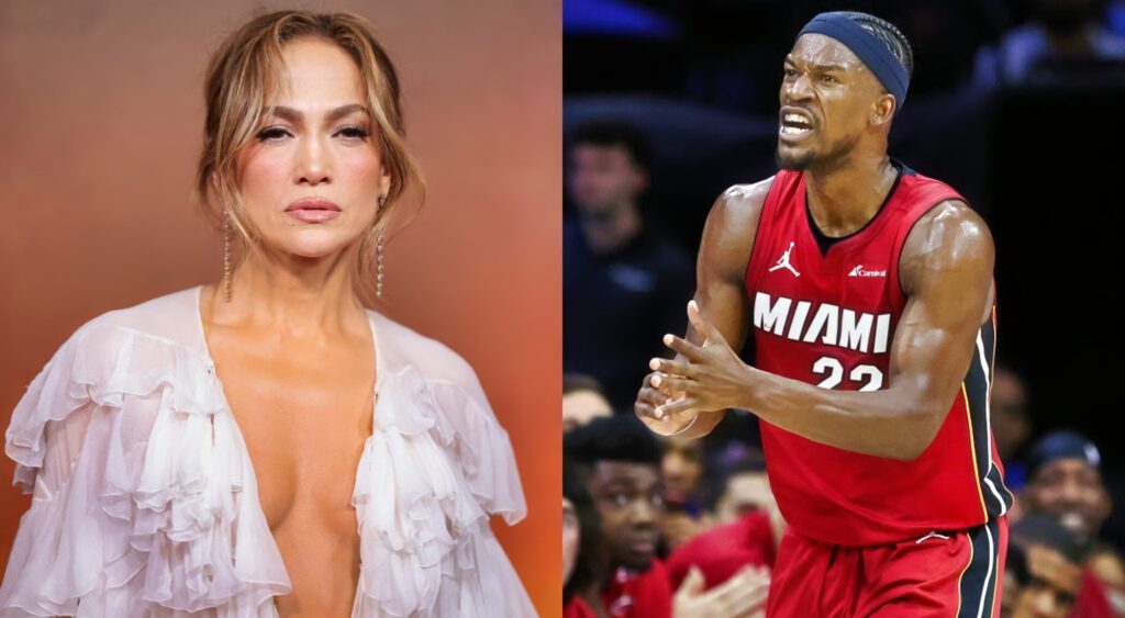 Jimmy Butler en la cancha y Jennifer Lopez posando con atuendo