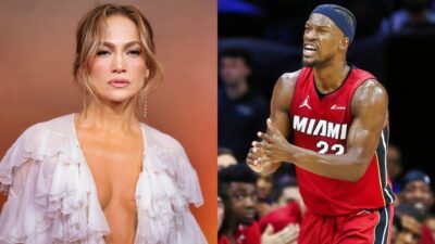 Jimmy Butler on the court and Jennifer Lopez posing in outfit