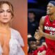 Jimmy Butler on the court and Jennifer Lopez posing in outfit