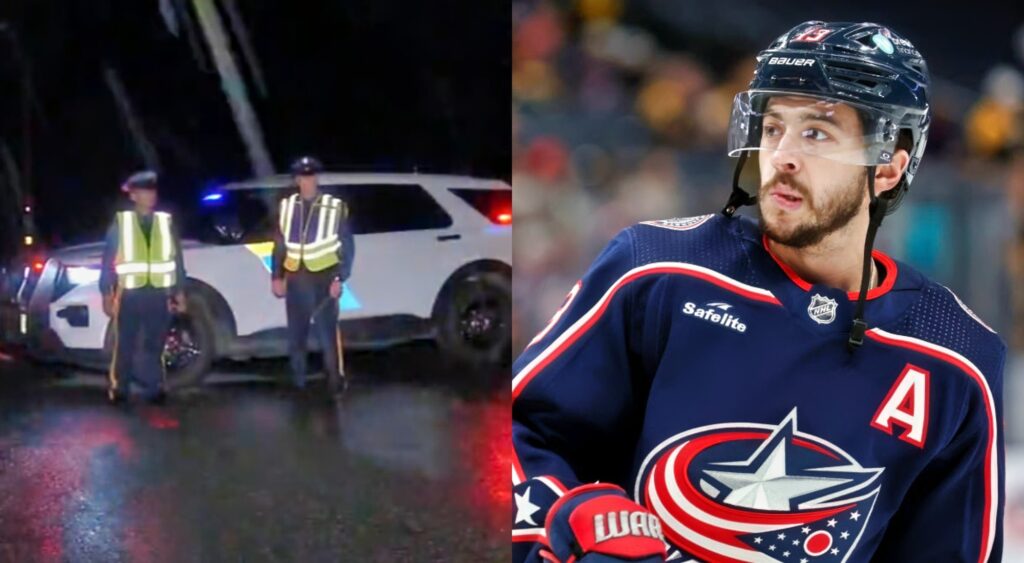 Johnny Gaudreau in uniform and crime scene where he and his brother were killed