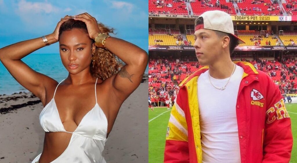 Kayla Nicole posing on the beach and Jackson Mahomes posing on the football field.