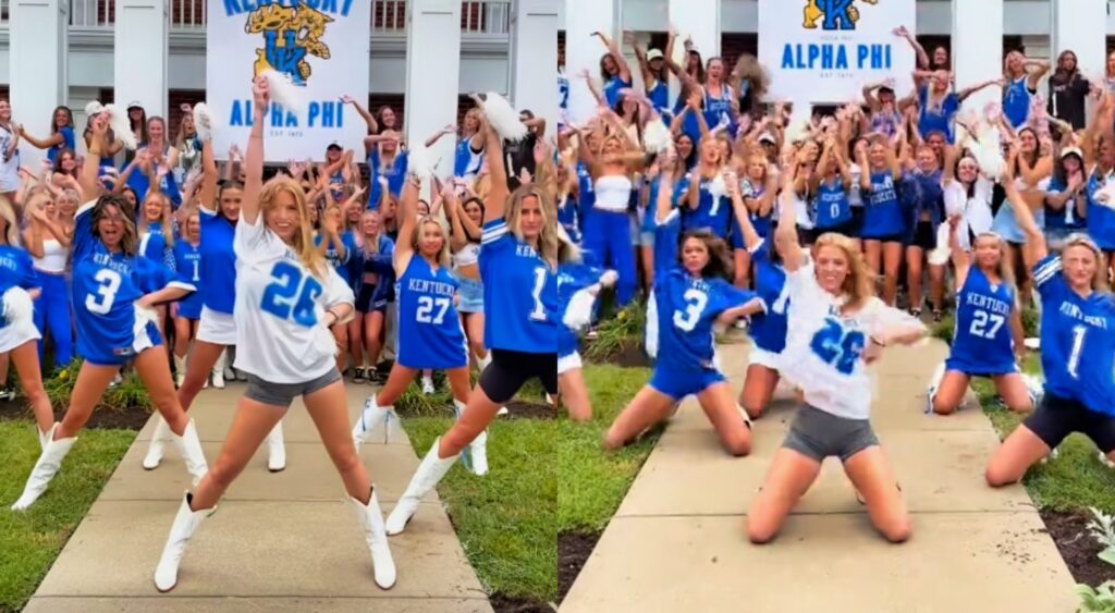 Kentucky Wildcats Alpha Phi members dancing in jerseys