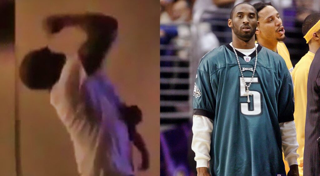 Kobe Bryant celebrating and Kobe in Eagles jersey