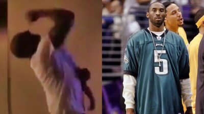 Kobe Bryant celebrating and Kobe in Eagles jersey