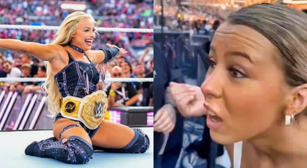 Liv Morgan after winning the WWE title and Hawk Tuah girl reacting at summer slam.