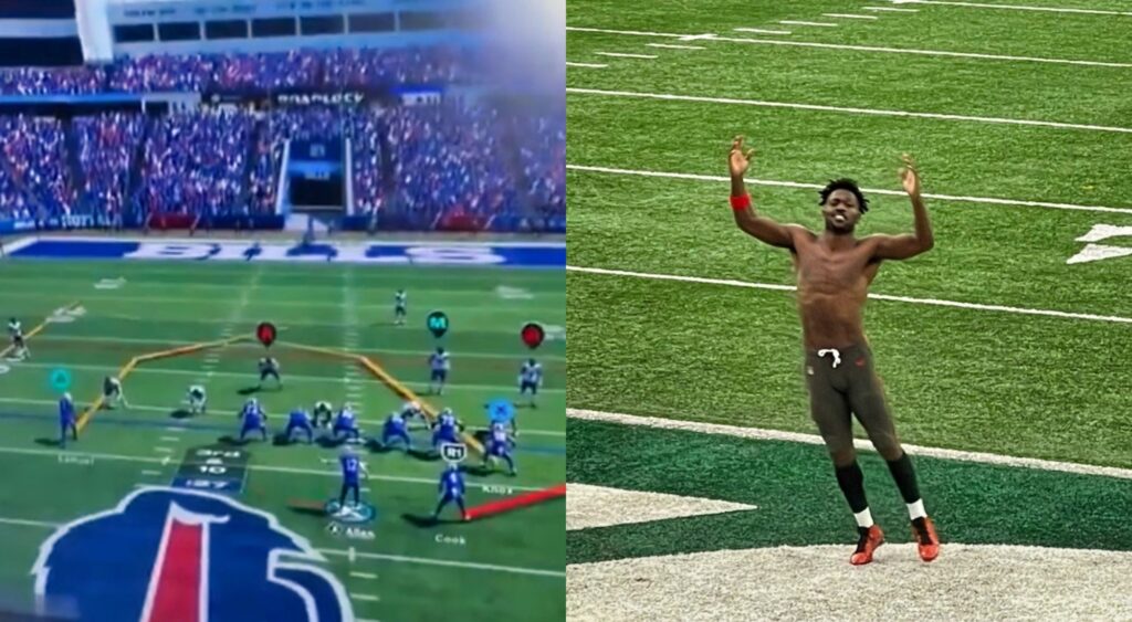 Madden 25 gameplay and Antonio Brown running off the field with no shirt.