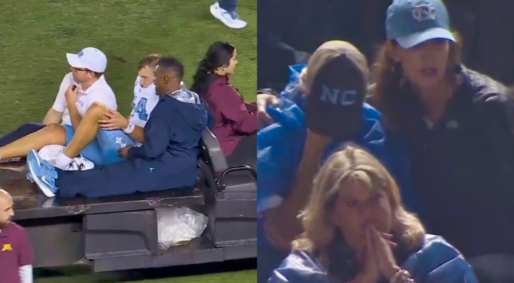 Photo of Max Johnson being carted off and photo of his mom getting consoled