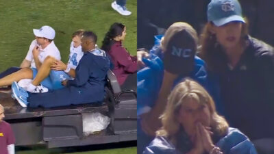 Photo of Max Johnson being carted off and photo of his mom getting consoled