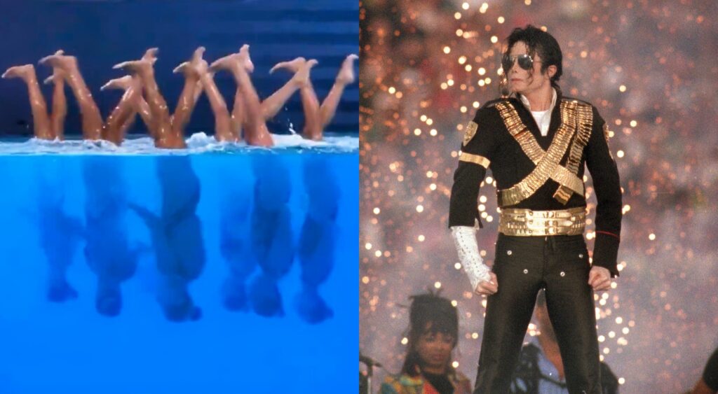 USA artistic swim team doing the moonwalk underwater and Michael Jackson performing at the Olympics.