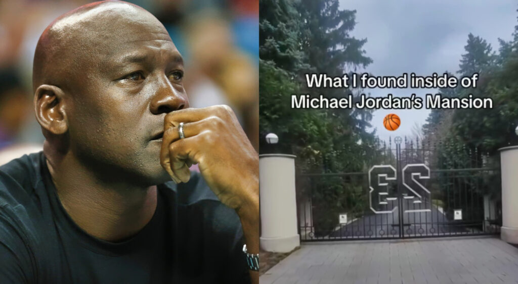 Photo of Michael Jordan and photo of Michael Jordan's mansion's gate