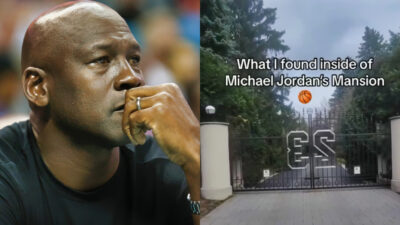 Photo of Michael Jordan and photo of Michael Jordan's mansion's gate