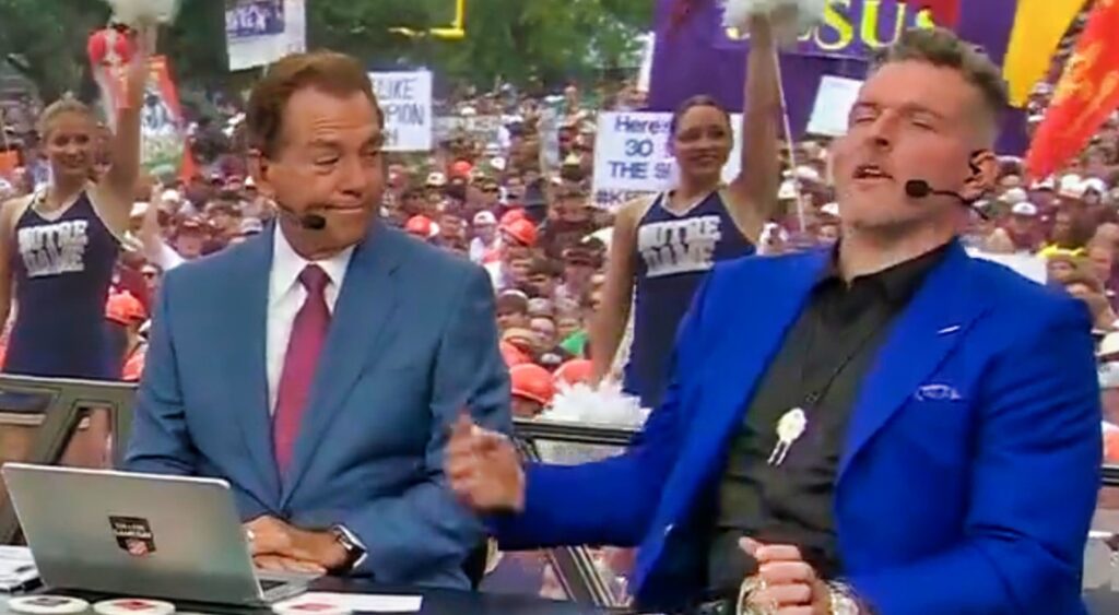 Nick Saban and Pat McAfee on the set at College Gameday.