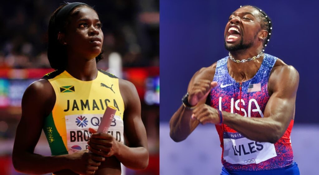 Noah Lyles on track and Junelle Bromfield on track