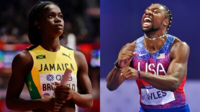 Noah Lyles on track and Junelle Bromfield on track