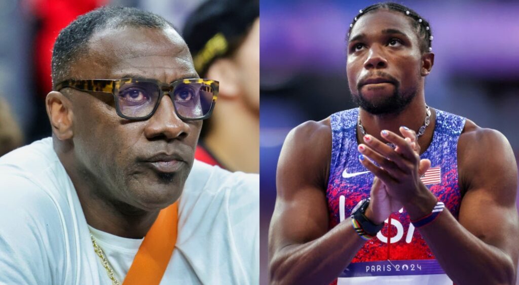 Noah Lyles in track gear and Shannon Sharpe sitting courtside