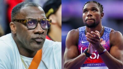 Noah Lyles in track gear and Shannon Sharpe sitting courtside