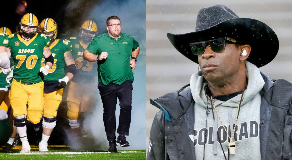 North Dakota State football team running out of the tunnel and Deion Sanders looking on in a cowboy hat.