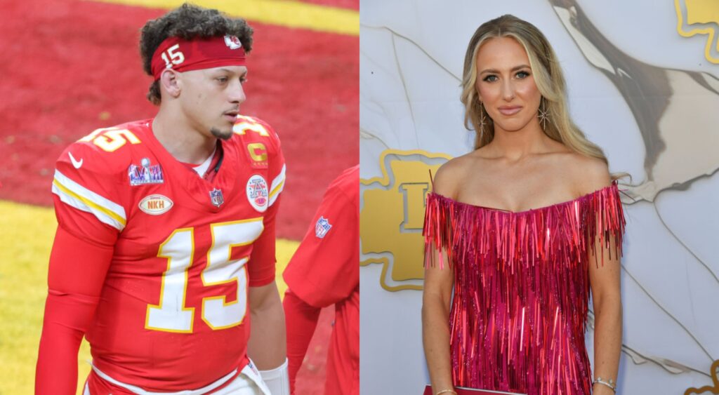 Patrick Mahomes in uniform and Brittany Mahomes posing