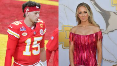 Patrick Mahomes in uniform and Brittany Mahomes posing