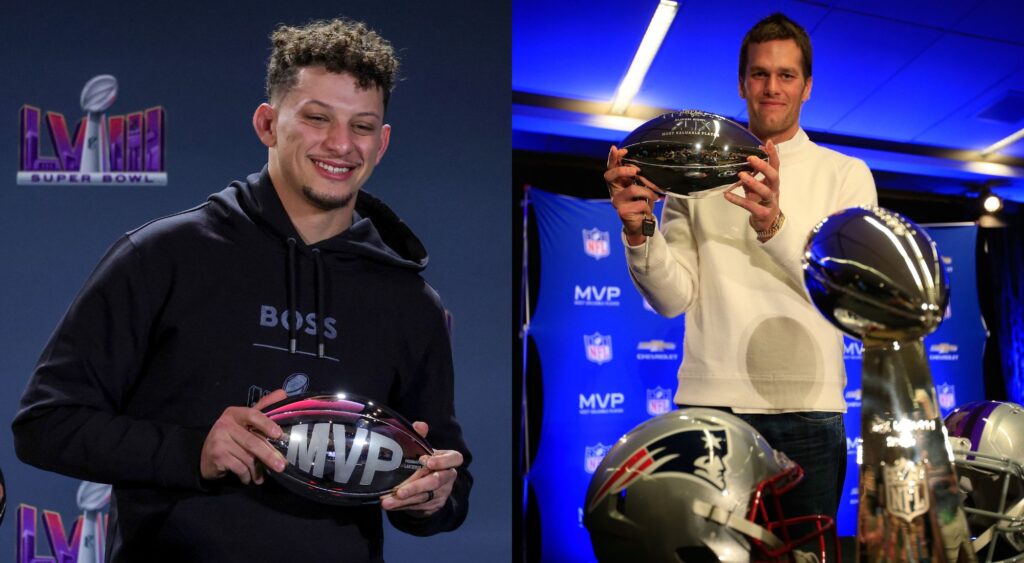 Patrick Mahomes [L] and Tom Brady [R] with MVP Award