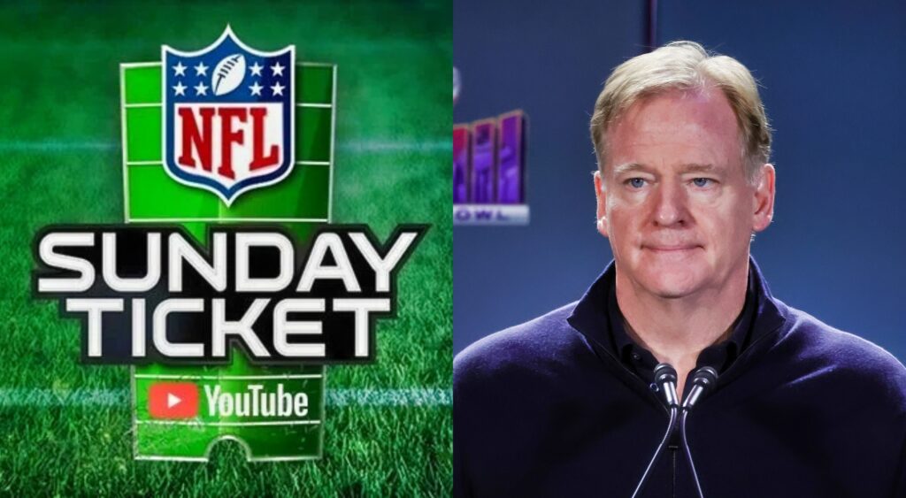 NFL Sunday Ticket logo and Roger Goodell.