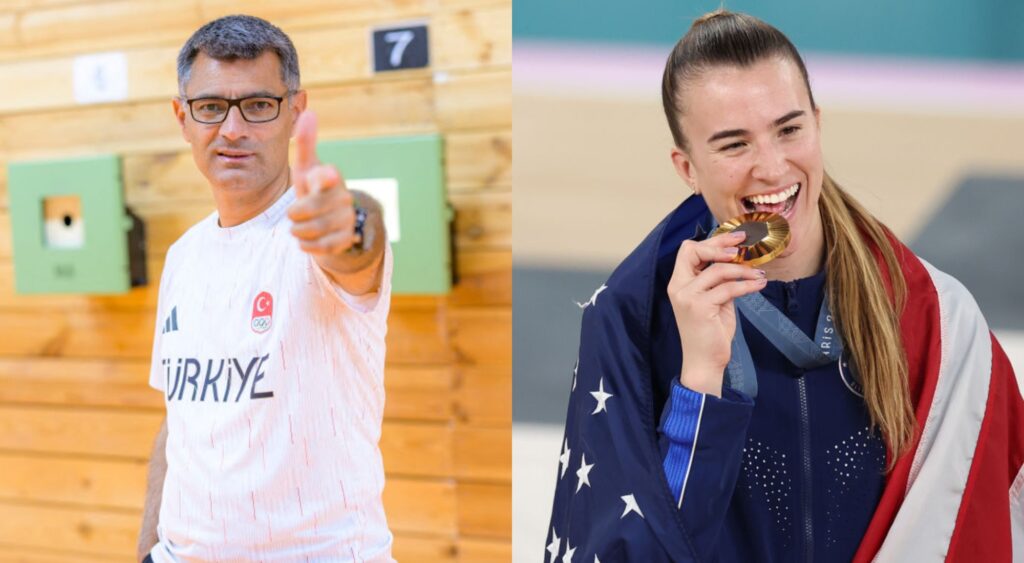 Sabrina Ionescu posing with medal and Yusuf Dikec making gun gesture