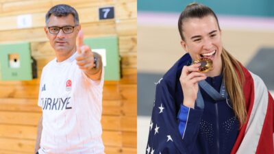 Sabrina Ionescu posing with medal and Yusuf Dikec making gun gesture