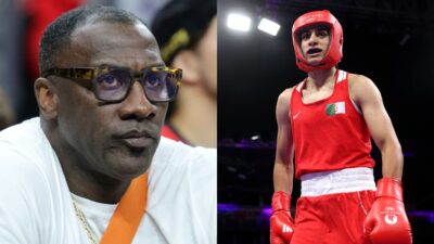 Shannon Sharpe sitting courtside while Imane Khelif is in boxing ring