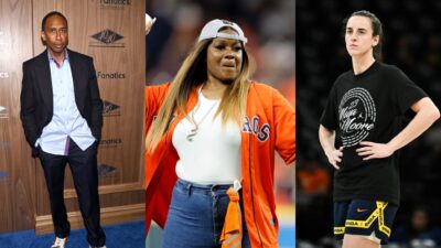 Sheryl Swoopes throwing baseball. Stephen A Smith posing in suit and Caitlin Clark on court