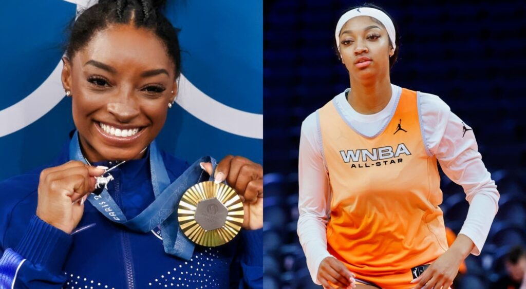 Simone Biles holding medal and Angel Reese on court