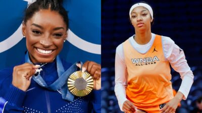 Simone Biles holding medal and Angel Reese on court