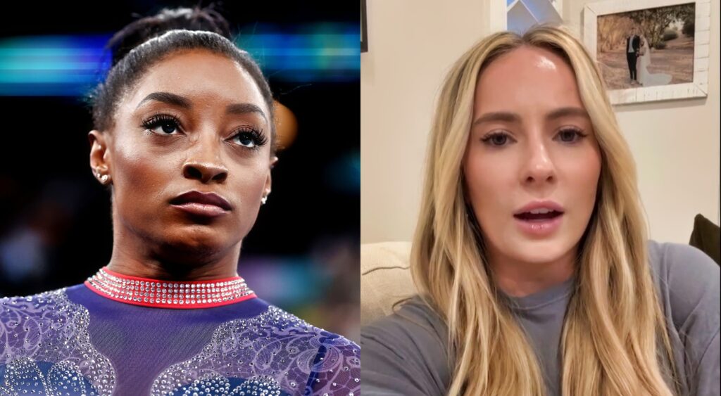 Simone Biles looks on during a competition and Mykayla Skinner speaks.