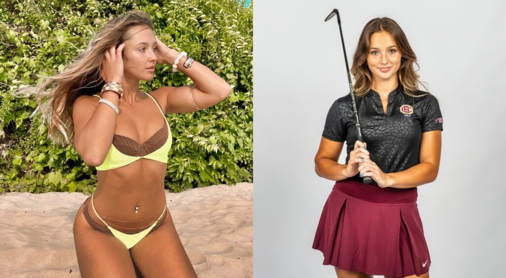 Skylar Kew posing on the beach and posing in her golf uniform.