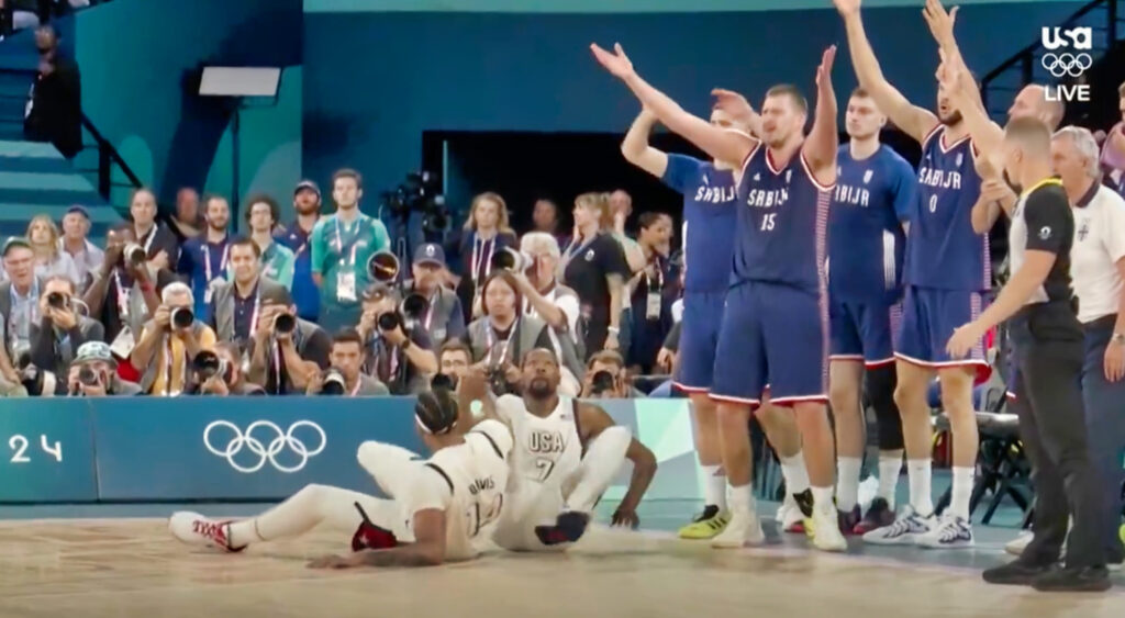 Kevin Durant looking on during USA vs. Serbia semi-final at the 2024 Olympics.