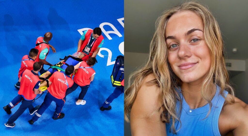 Tamara Potocka getting stretchered off and Tamara posing for a selfie in her room.